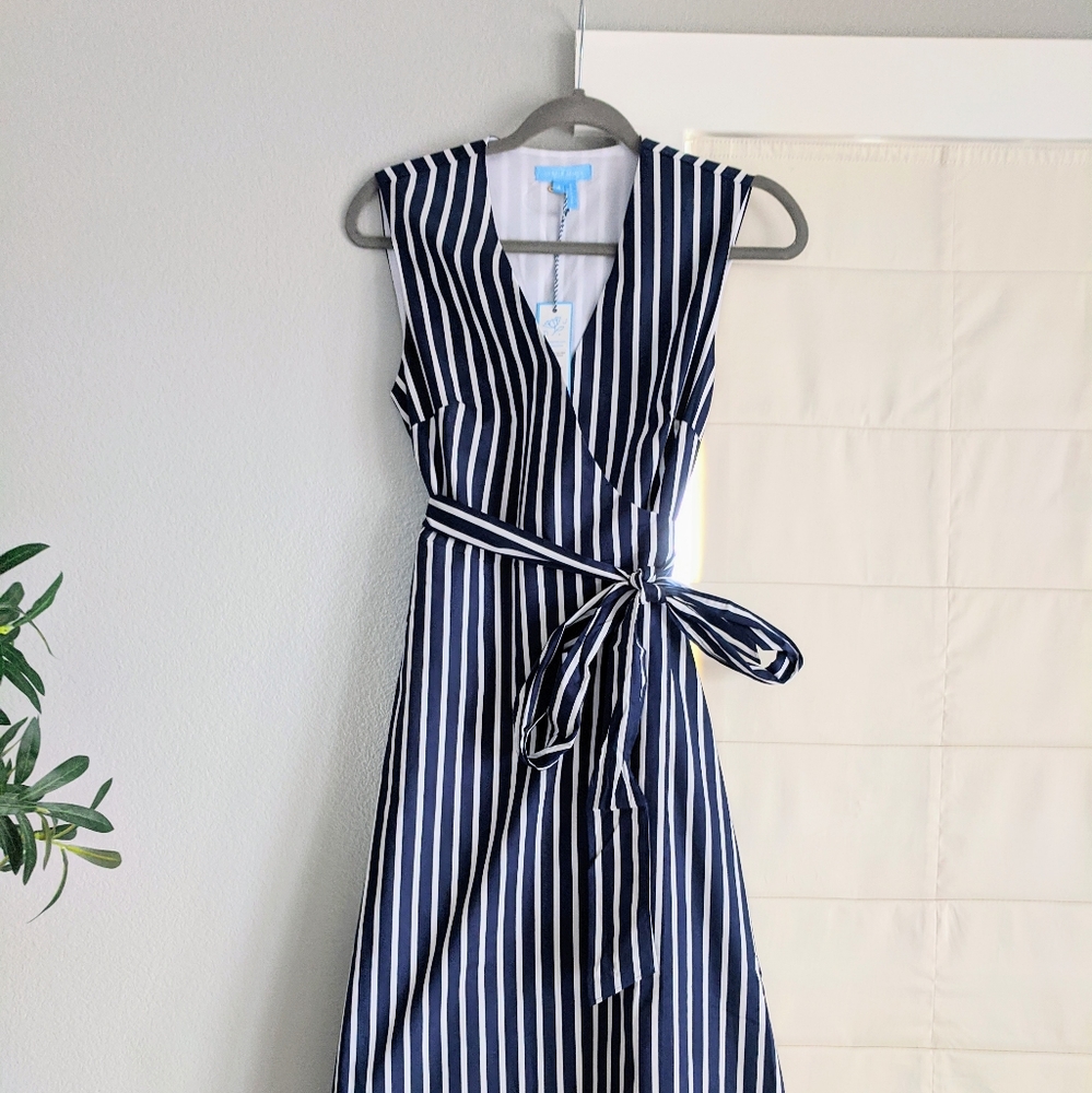 Draper James Miranda Navy Vertical Stripes Stretch Wrap Dress 4 NWT - Picture 5 of 6